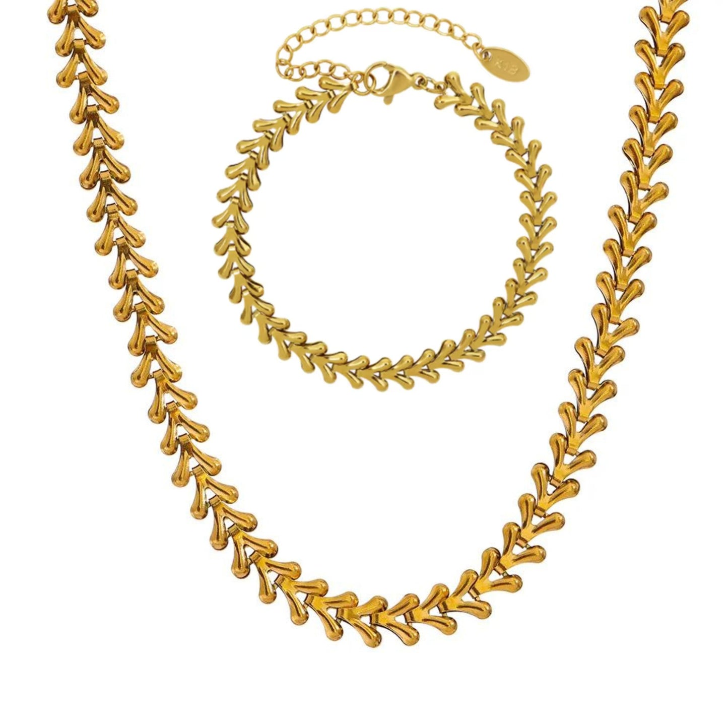 Vina Leaf Necklace and Bracelet 18K Gold Plated Set