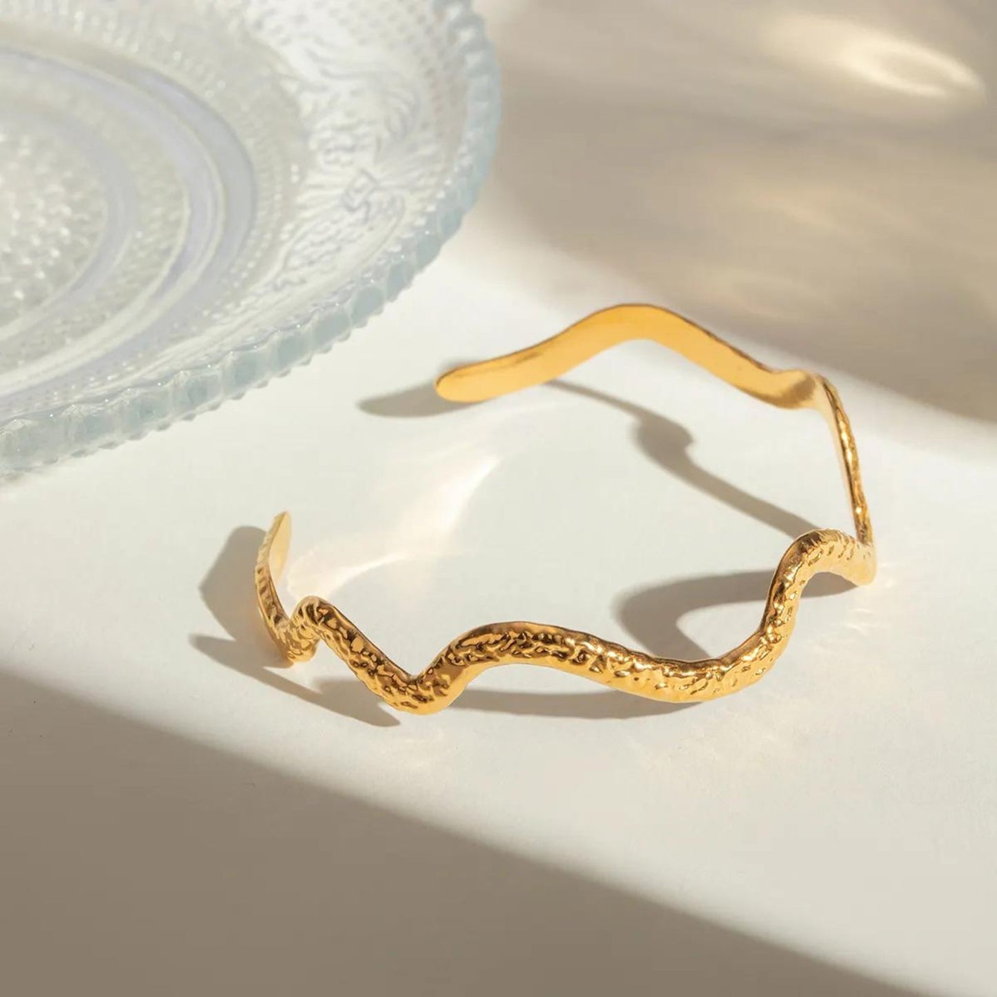 Wave Textured Adjustable Gold Cuff 18K Gold Plated Bracelet