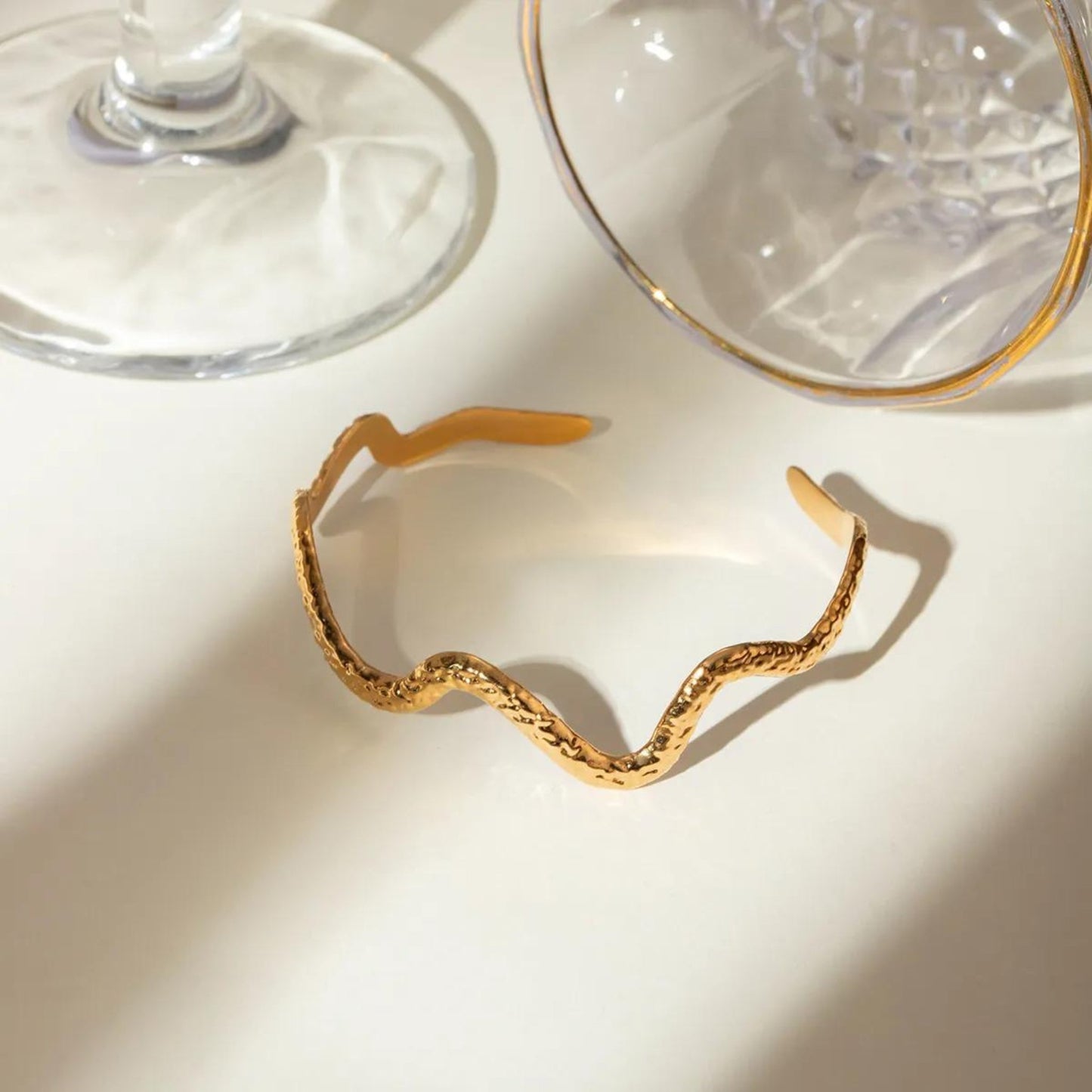 Wave Textured Adjustable Gold Cuff 18K Gold Plated Bracelet