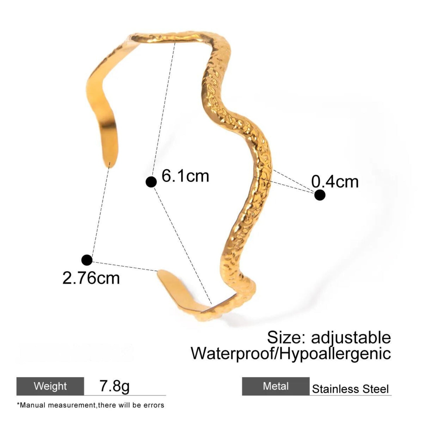 Wave Textured Adjustable Gold Cuff 18K Gold Plated Bracelet